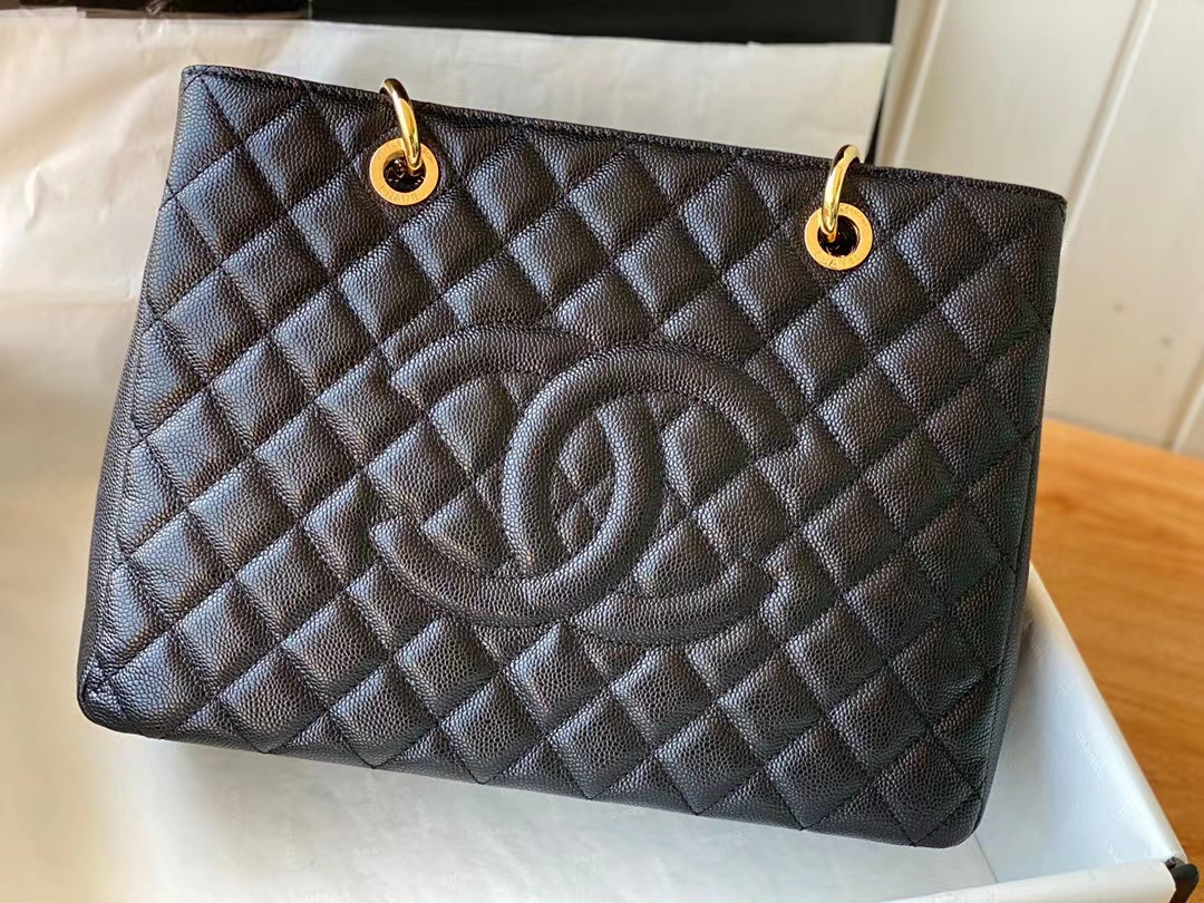 Replica Chanel Grand Shopping Black Tote Quilted Caviar A50995
