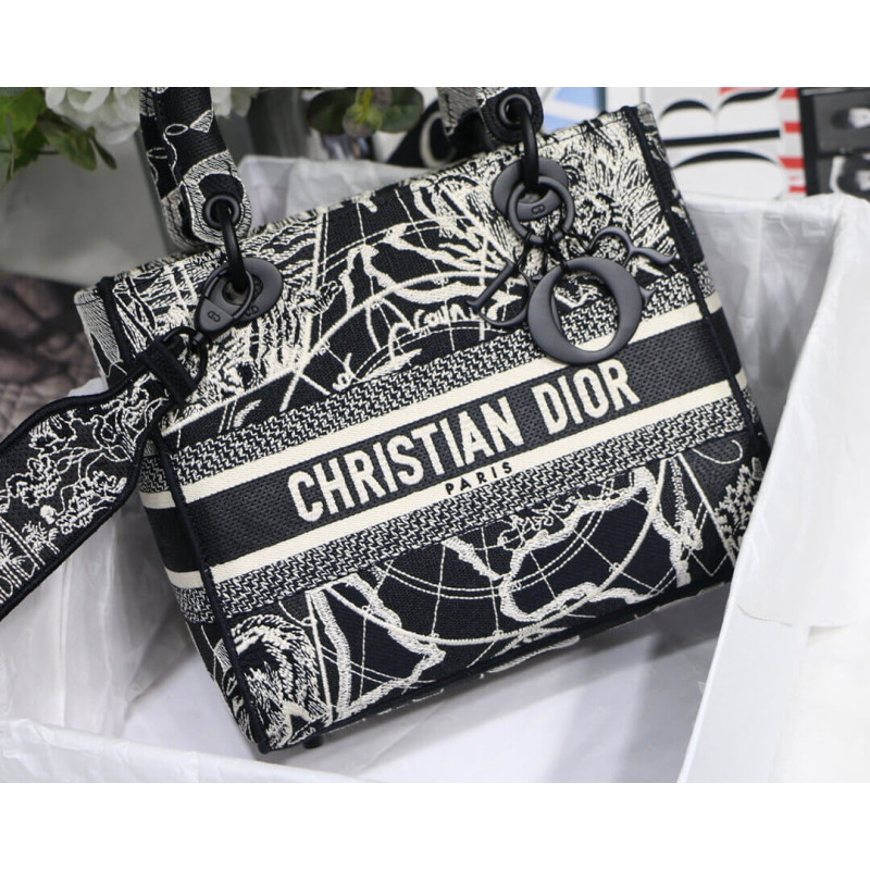 Replica Christian Dior Medium Lady D-Lite Bag Black And White Around The World Embroidery M0565