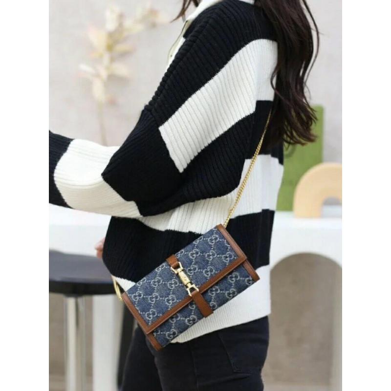 Replica Gucci Jackie 1961 Chain Wallet 652681 In Blue Denim