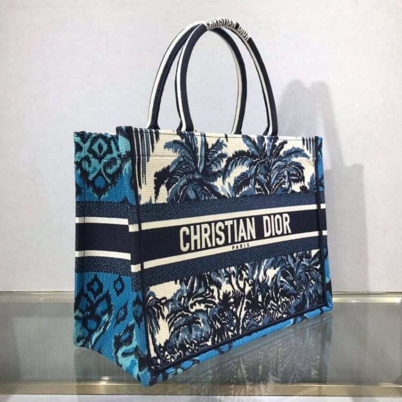 Replica Dior Small Book Tote In Blue Palms Embroidery M1296