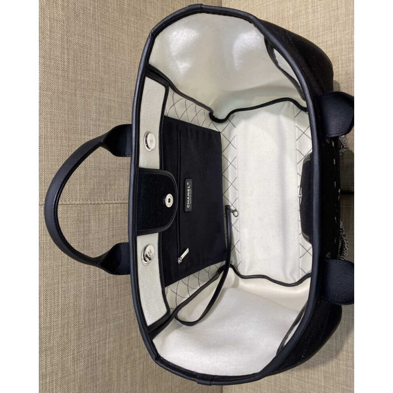 Replica Chanel Wool Felt Deauville Shopping Bag A60598 Black/White