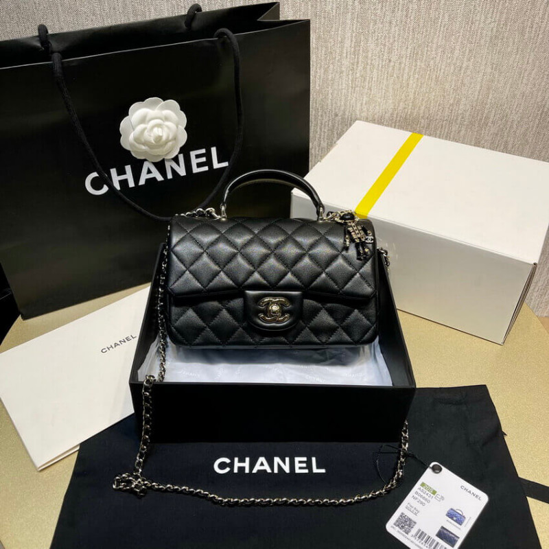 Replica Chanel Lambskin Mini Flap Bag With Top Handle Black As2431 With Charms