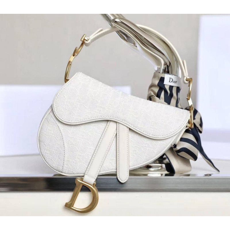 Replica Christian Dior Mini Saddle Bag In White Oblique Jacquard M0447
