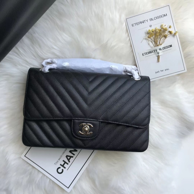 Replica Chanel Chevron Caviar Calfskin Classic Flap Bag A01112 Black