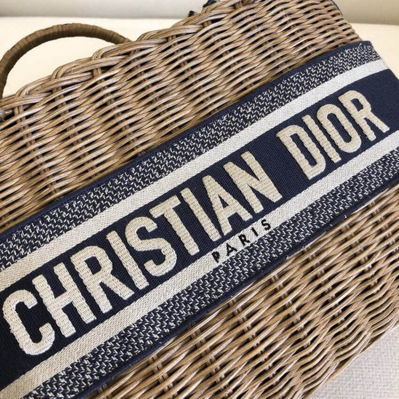 Replica Christian Dior Wicker Basket Shoulder Bag Blue Oblique M7601