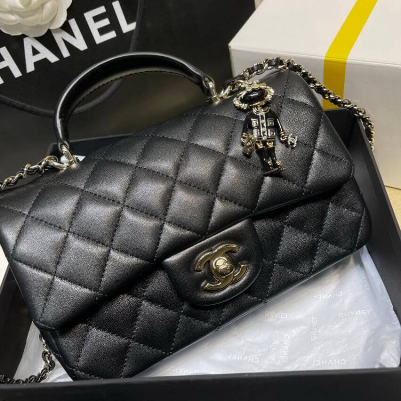 Replica Chanel Lambskin Mini Flap Bag With Top Handle Black As2431 With Charms