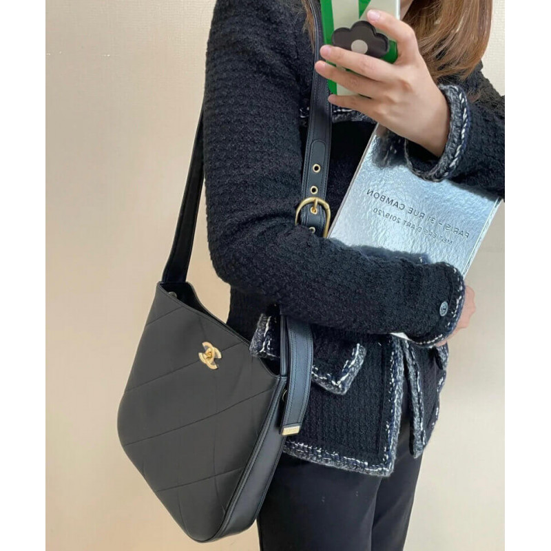 Replica Chanel Hobo Handbag Calfskin Black As2844