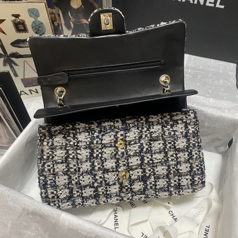 Replica Chanel Classic Flap Bag In Black/Beige Glittered Tweed 1112