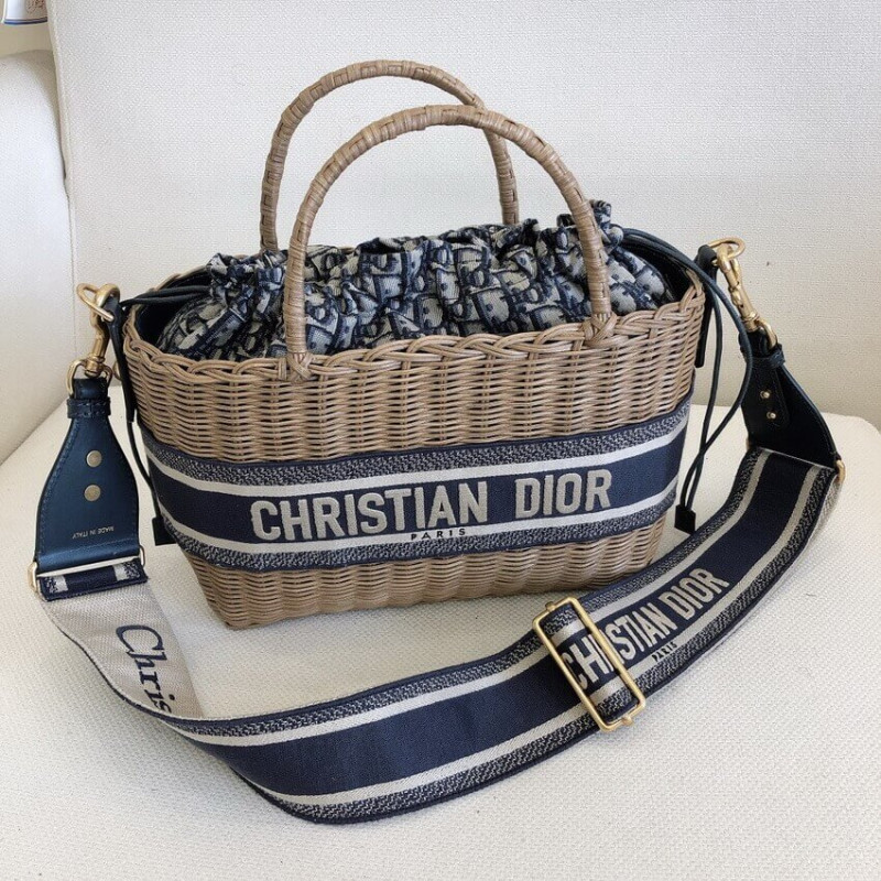 Replica Christian Dior Wicker Basket Shoulder Bag Blue Oblique M7601