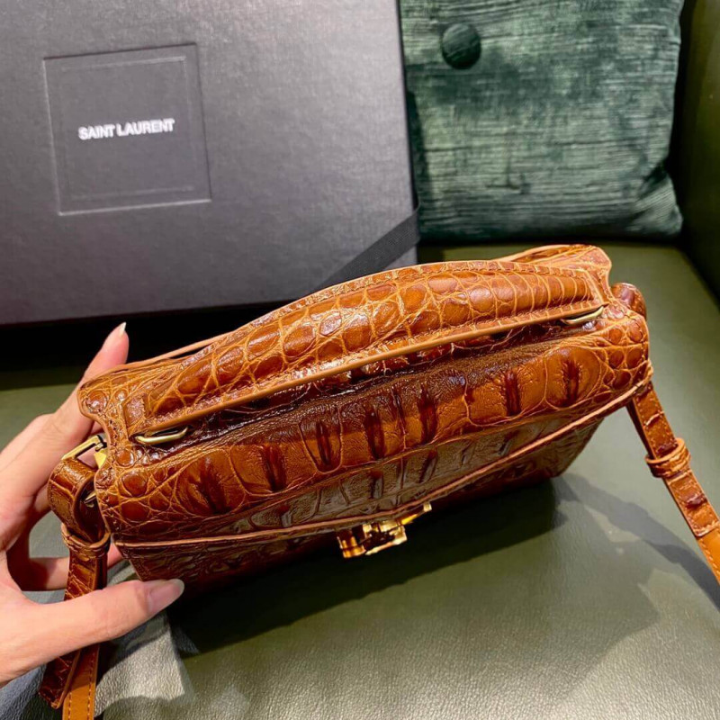 Replica Ysl Saint Laurent Cassandra Mini Top Handle Bag In Caiman Embossed Leather 602716 Brown