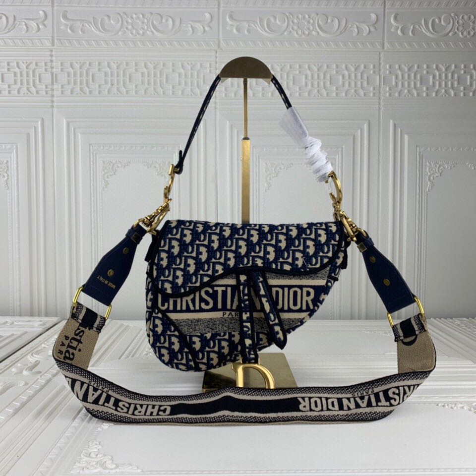 Replica Dior Navy/Gray Oblique Embroidery Saddle Bag