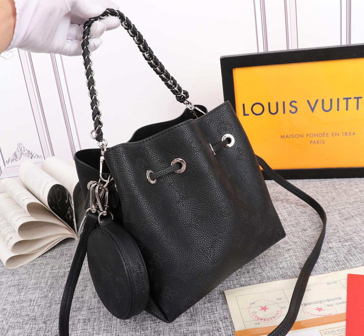 Replica Louis Vuitton Bella Bucket Bag Black/Pink/Grey
