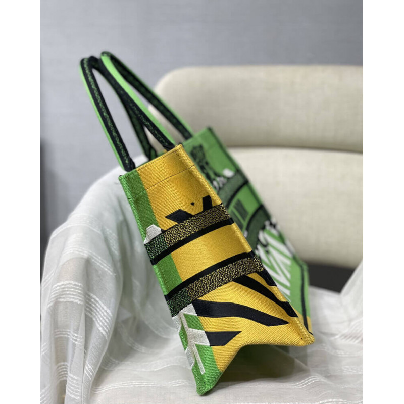 Replica Christian Dior Medium Book Tote Bright Green And Orange D-Jungle Pop Embroidery M1296