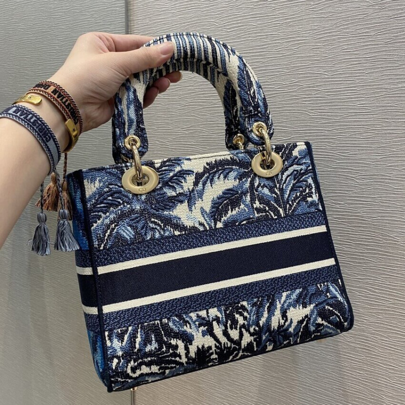 Replica Dior Medium Lady D-Lite Bag Blue Dior Palms Embroidery M0565