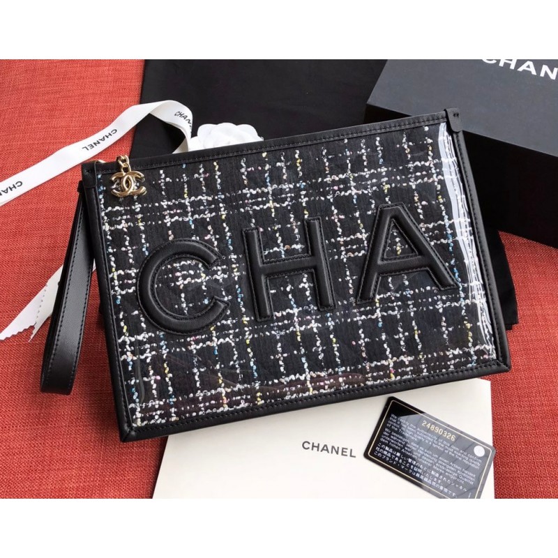 Replica Chanel Large Tweed Pvc Logo Pouches Ap0360