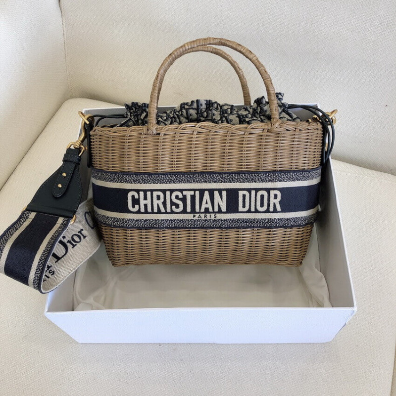 Replica Christian Dior Wicker Basket Shoulder Bag Blue Oblique M7601