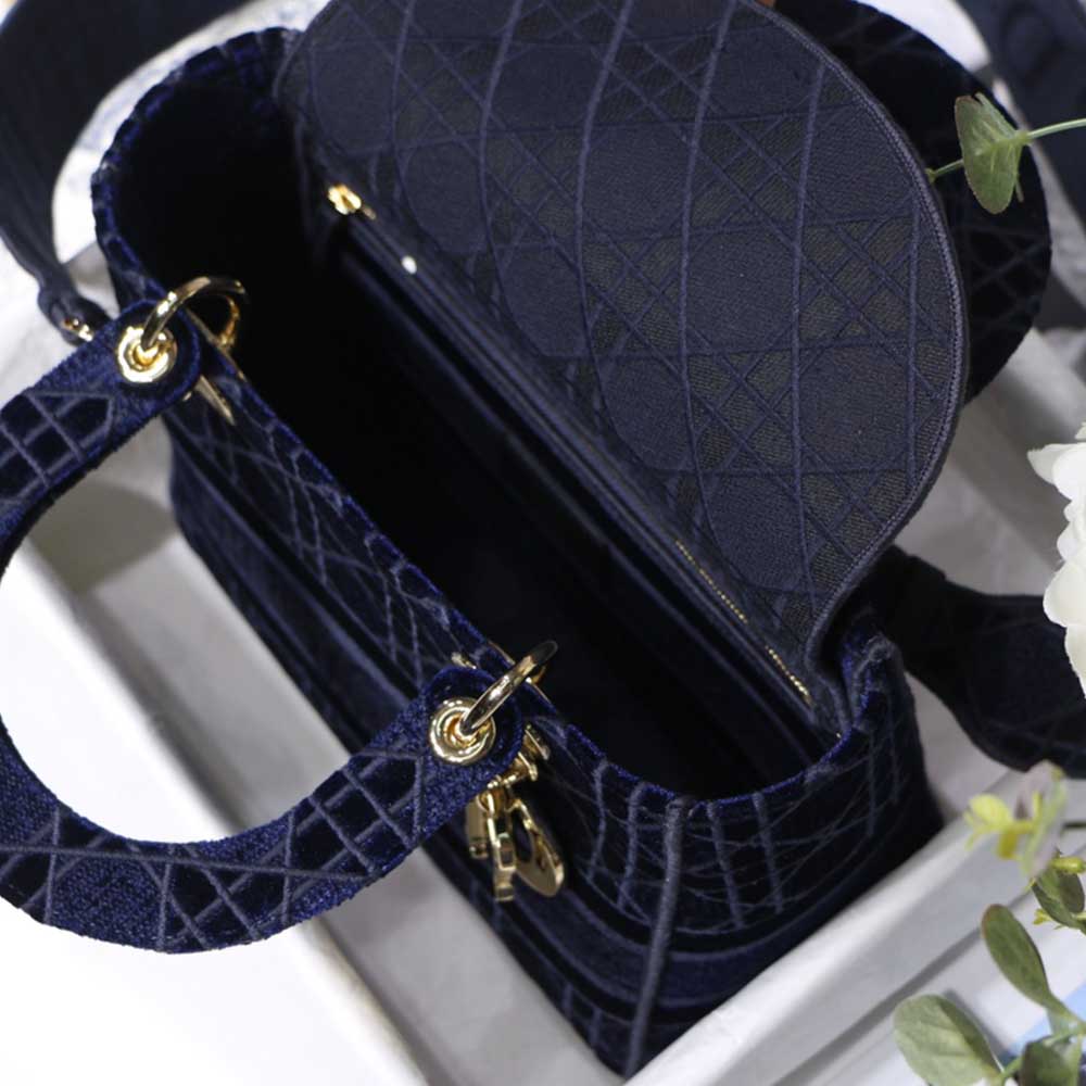 Replica Dior Aaa-D-Blue Velvet Medium Lady D-Lite Bag M8002/Embroidery