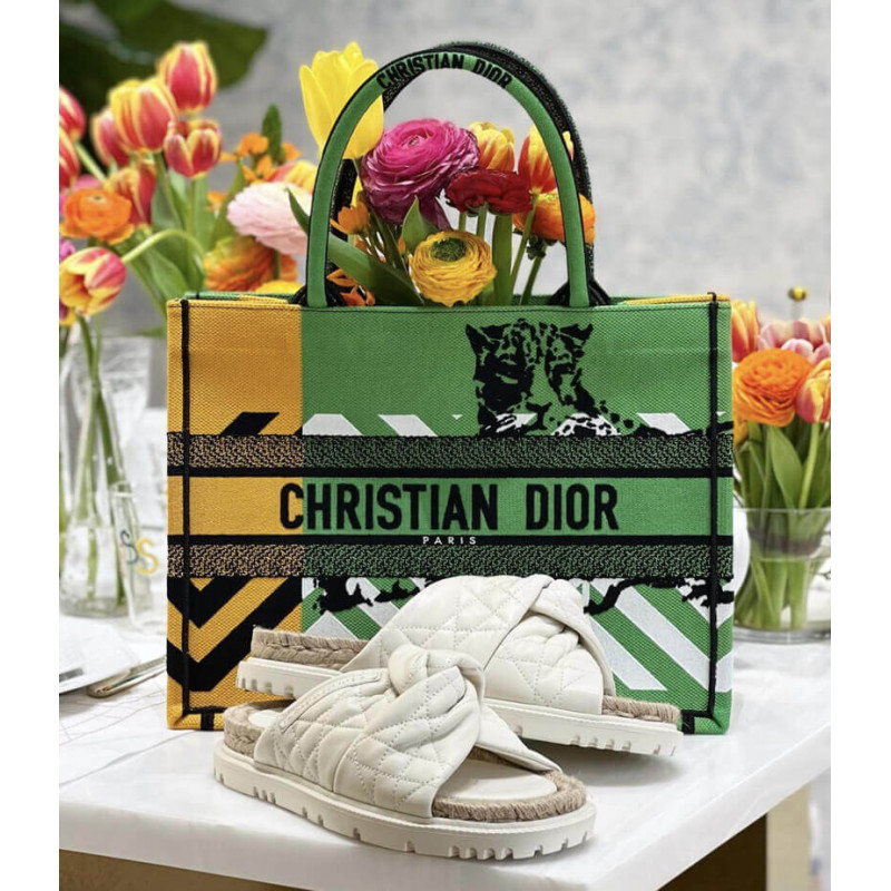 Replica Christian Dior Medium Book Tote Bright Green And Orange D-Jungle Pop Embroidery M1296