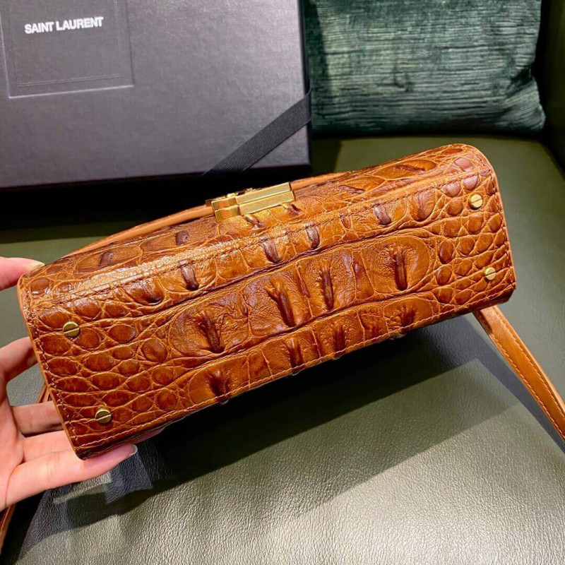 Replica Ysl Saint Laurent Cassandra Mini Top Handle Bag In Caiman Embossed Leather 602716 Brown