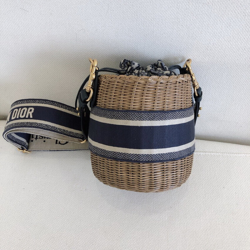 Replica Christian Dior Wicker Basket Shoulder Bag Blue Oblique M7600
