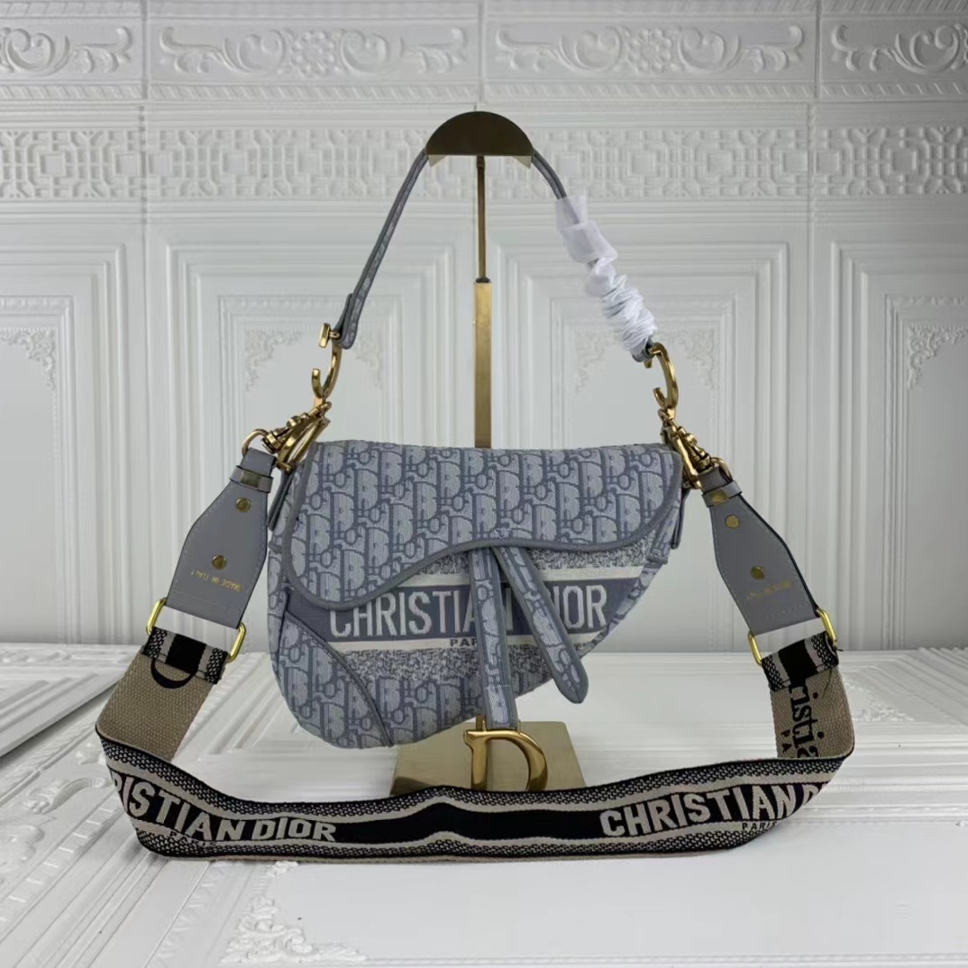 Replica Dior Navy/Gray Oblique Embroidery Saddle Bag