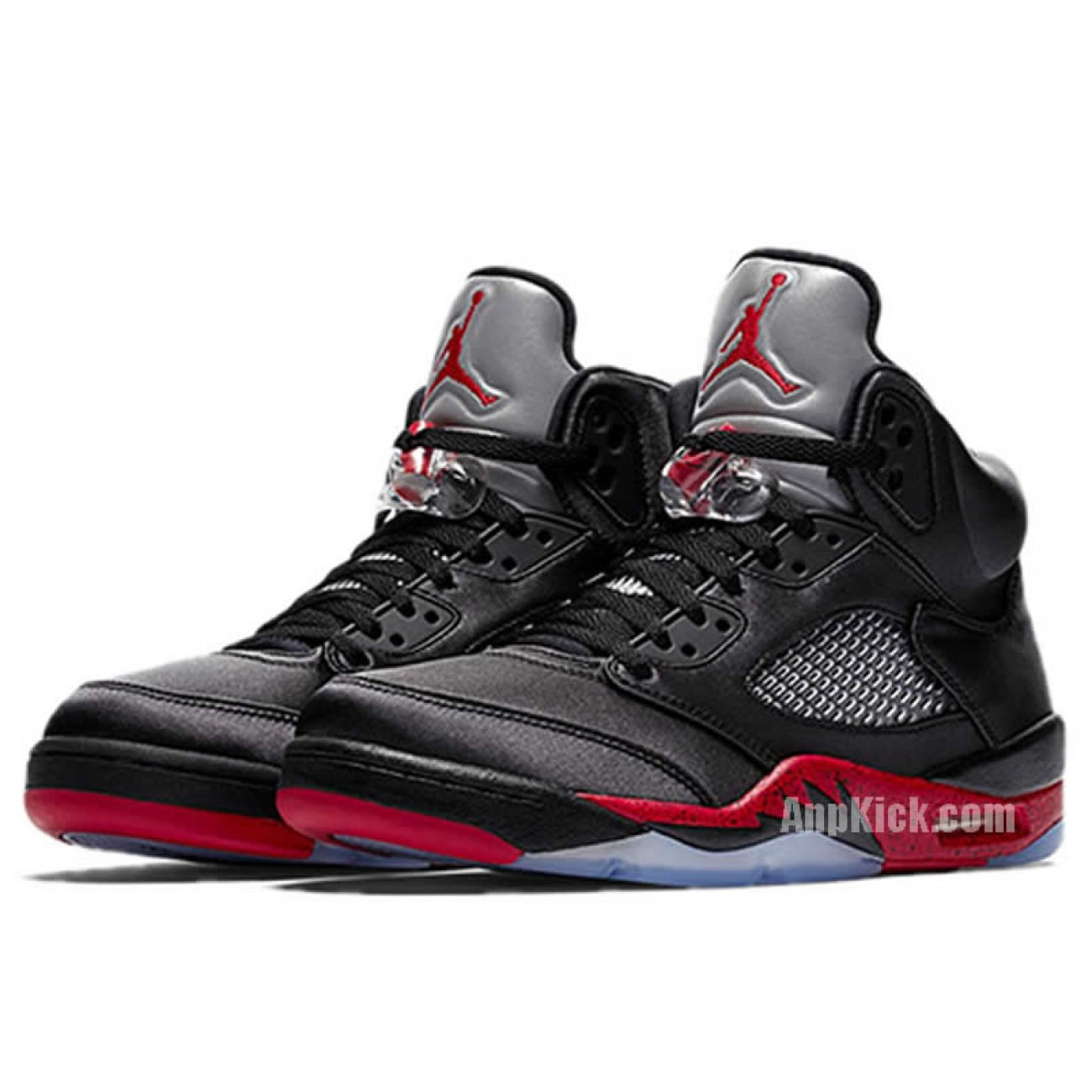 Air Jordan 5 Satin Bred Black/University Red On Feet Outfit 136027-006