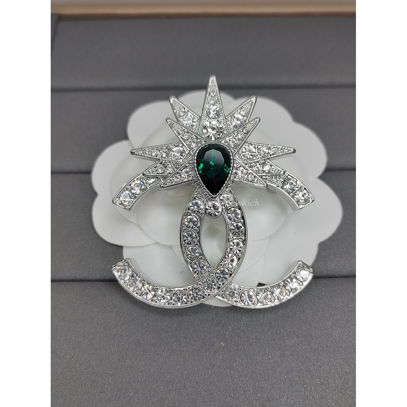 Chanel Clear Crystal And Emerald Crystal Brooch