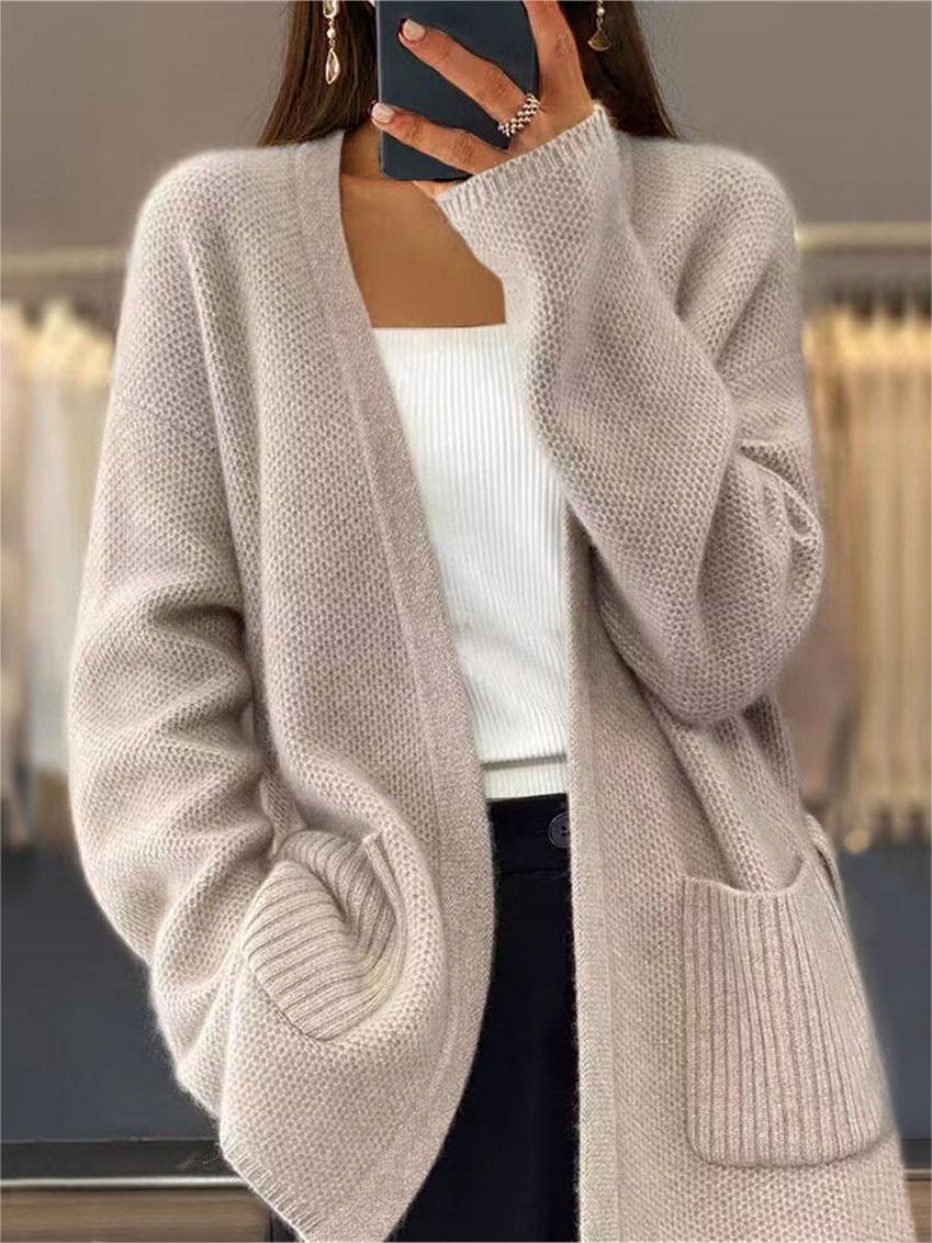 Women's Thickened Solid Lace-up Knitted Cardigan Loose Pocket Sweater Jacket