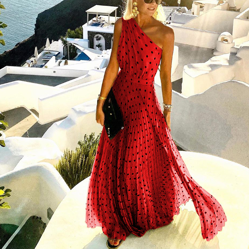 Fashion Slant Collar Sleeveless Polka Dot Dress