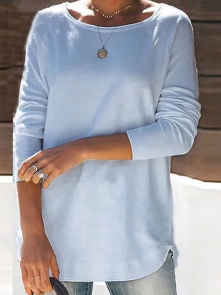Round Neck Casual Loose Solid Color Long Sleeve T-shirt