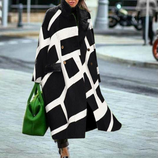 Fashion All-match Print Stitching Woolen Coat