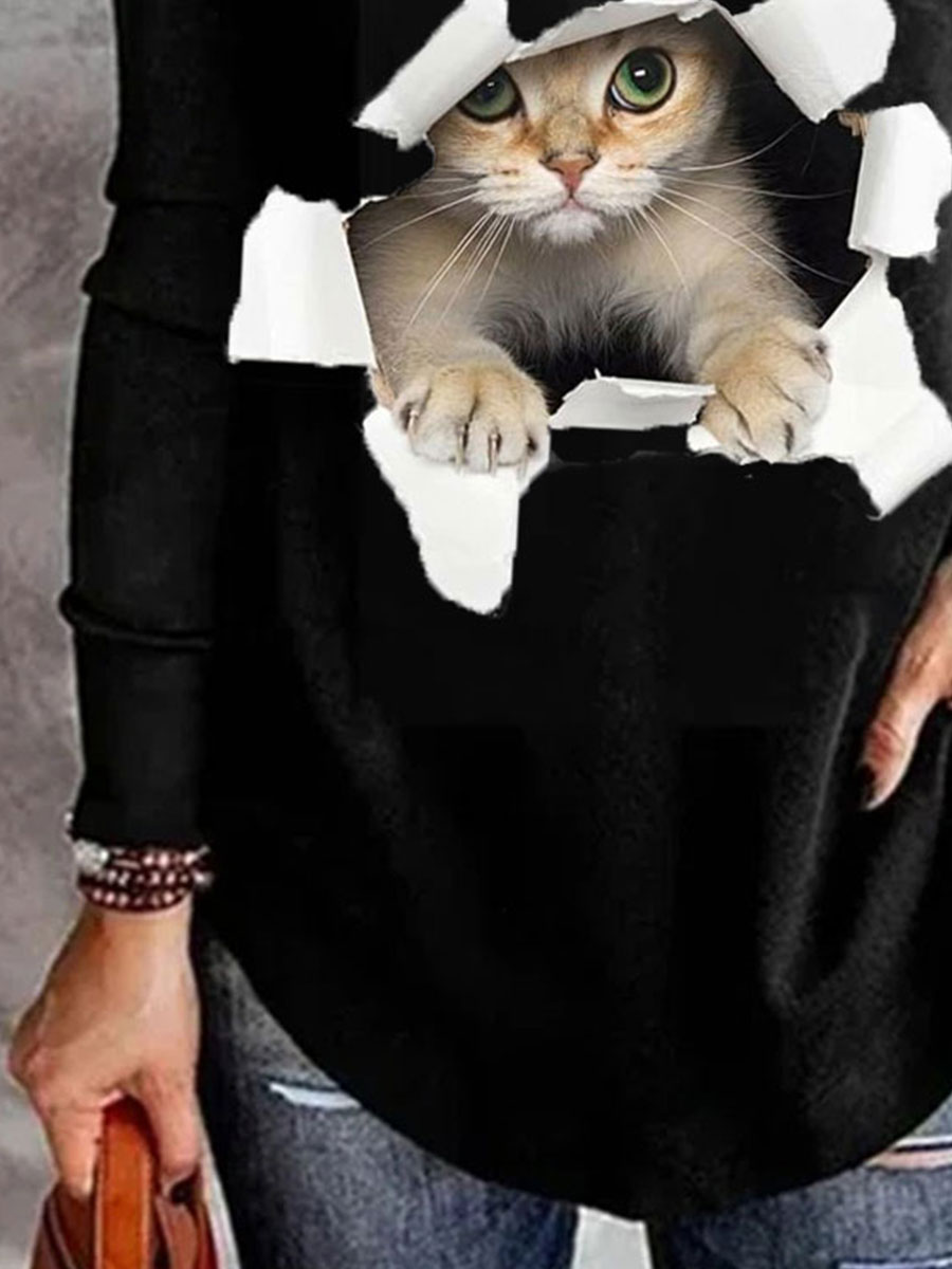 Cat Print V-neck Long-sleeved Casual Fashion T-shirt