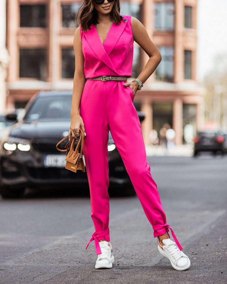 Summer New Fashion Suit Collar Sleeveless Solid Color Waist Jumpsuit