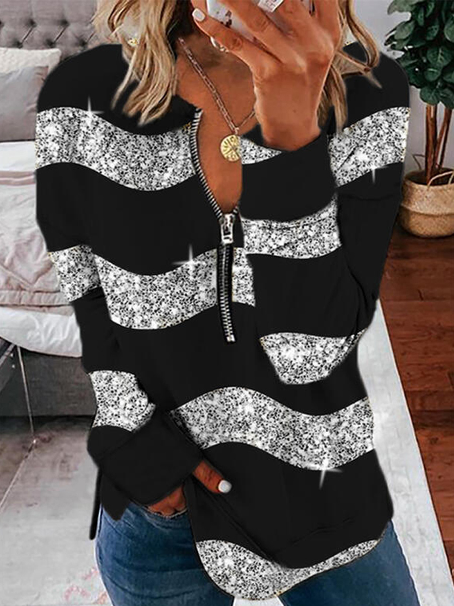 Round Neck Zipper Casual Loose Striped Printed Sweatshirt