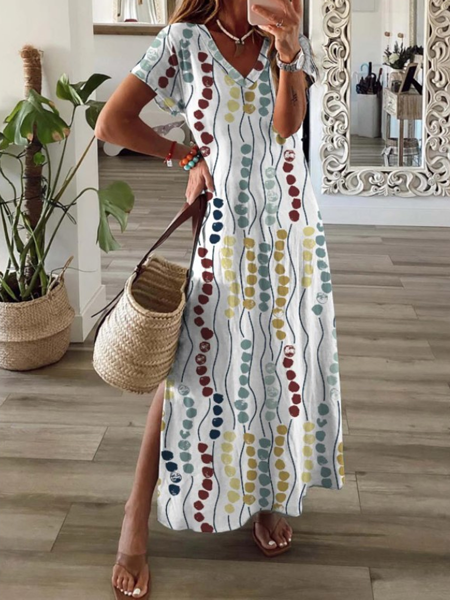 Loose Casual Abstract Print V-Neck Short Sleeve Maxi Dress