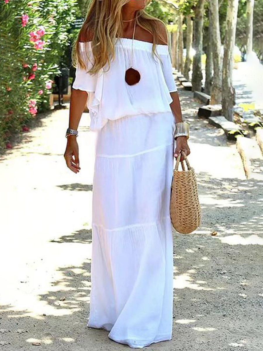 Casual Solid Color One-shoulder Elastic Waist Short-sleeved Dress