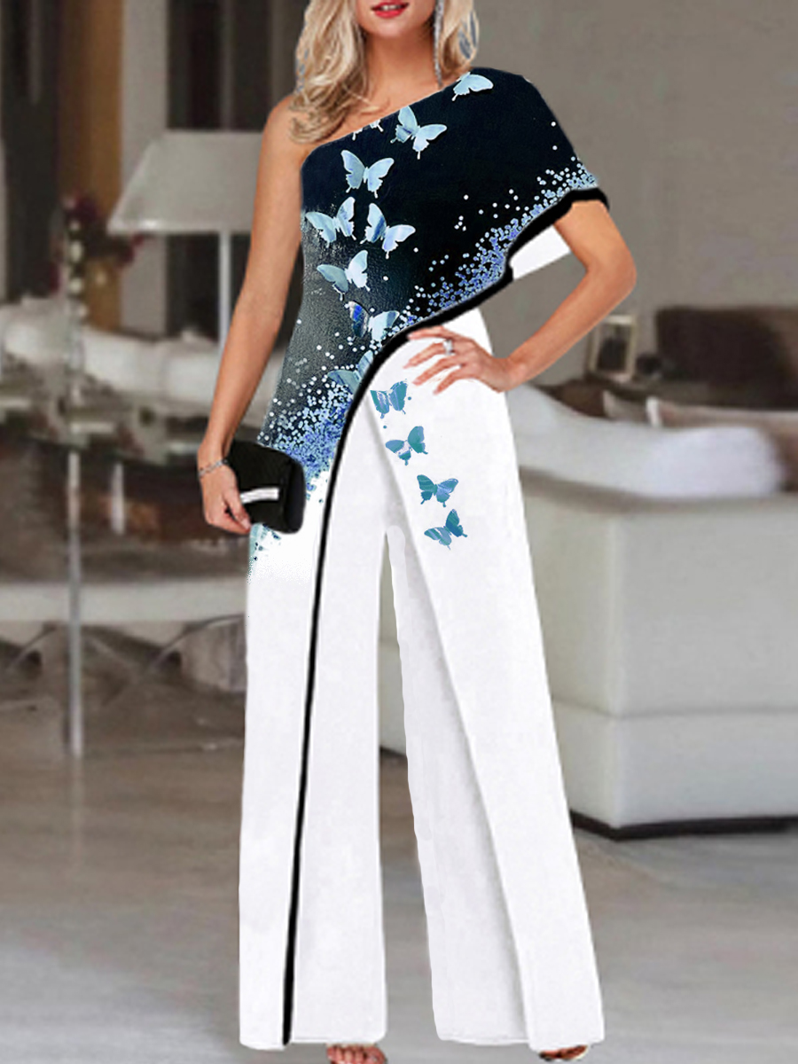 Fashion Butterfly Print One Shoulder Jumpsuit Women