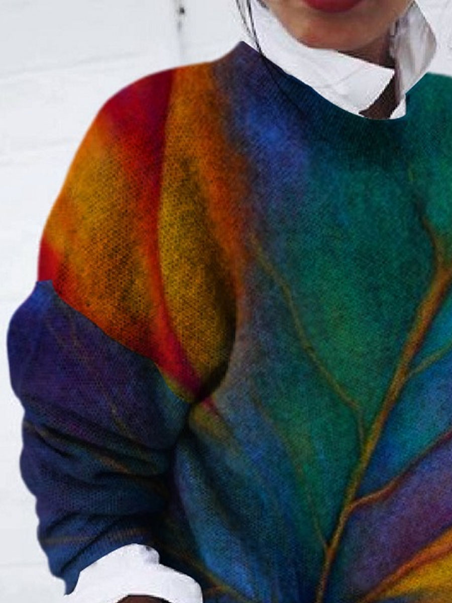 Round Neck Leaf Jacquard Casual Sweater Pullover