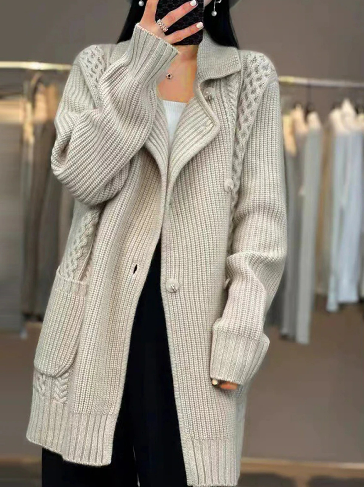 Women's Cardigan Sweater Ribbed Cable Knit Polyester Lace Up Patchwork Button Fall Winter Long Daily Coat