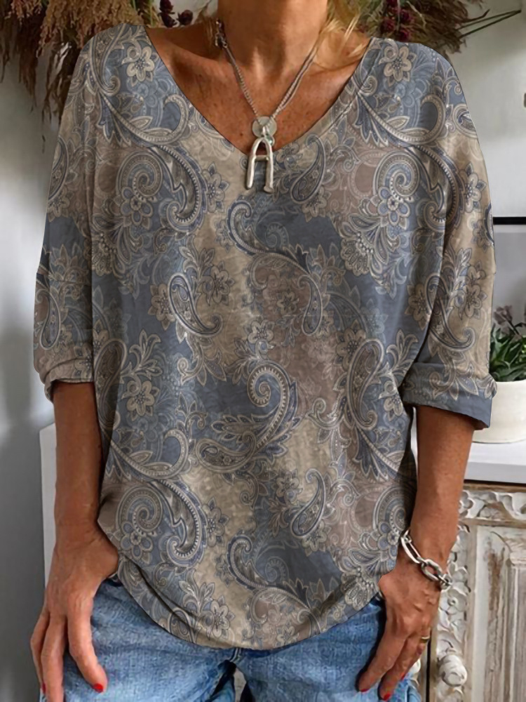 V-neck Casual Loose Vintage Print Long Sleeve T-shirt