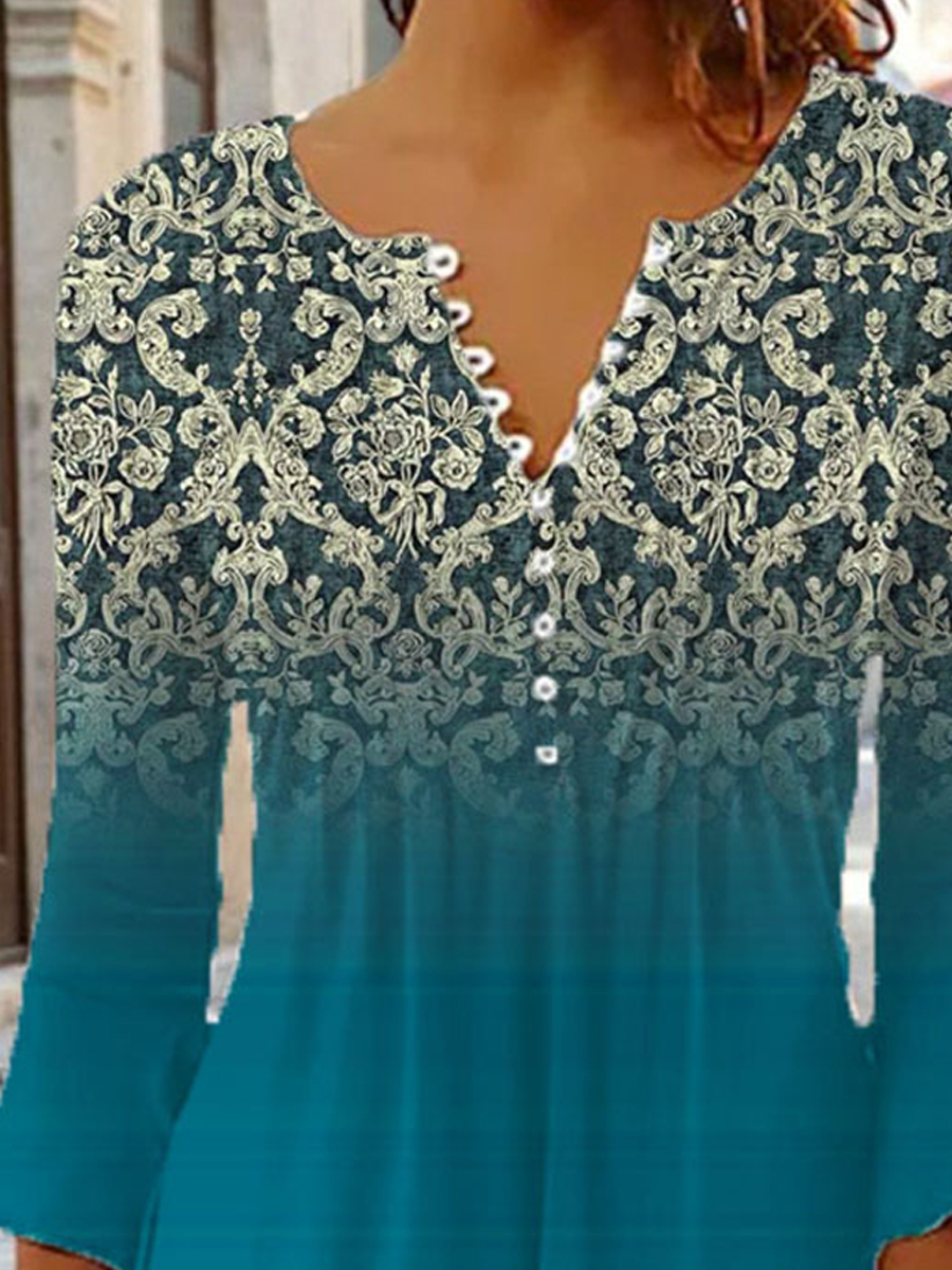 Casual Vintage Print Crew Neck Three Quarter Sleeves Shirt