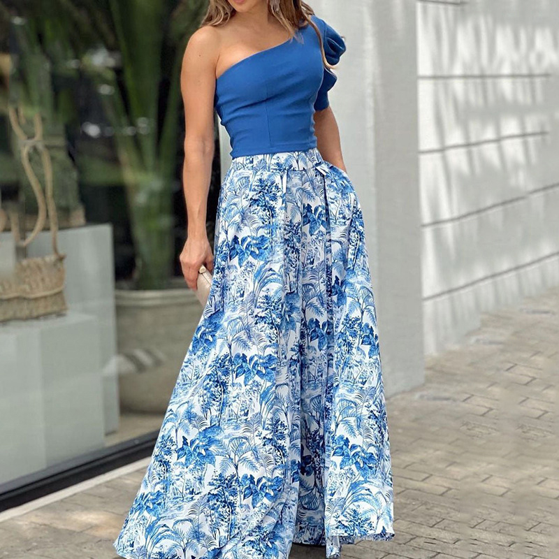 Ladies Elegant One Shoulder Sleeve Top Print Swing Skirt Set