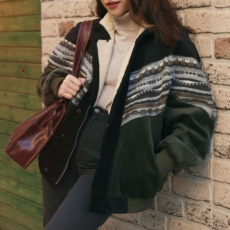 Women Retro Corduroy Patchwork Fleece Jacket Coat