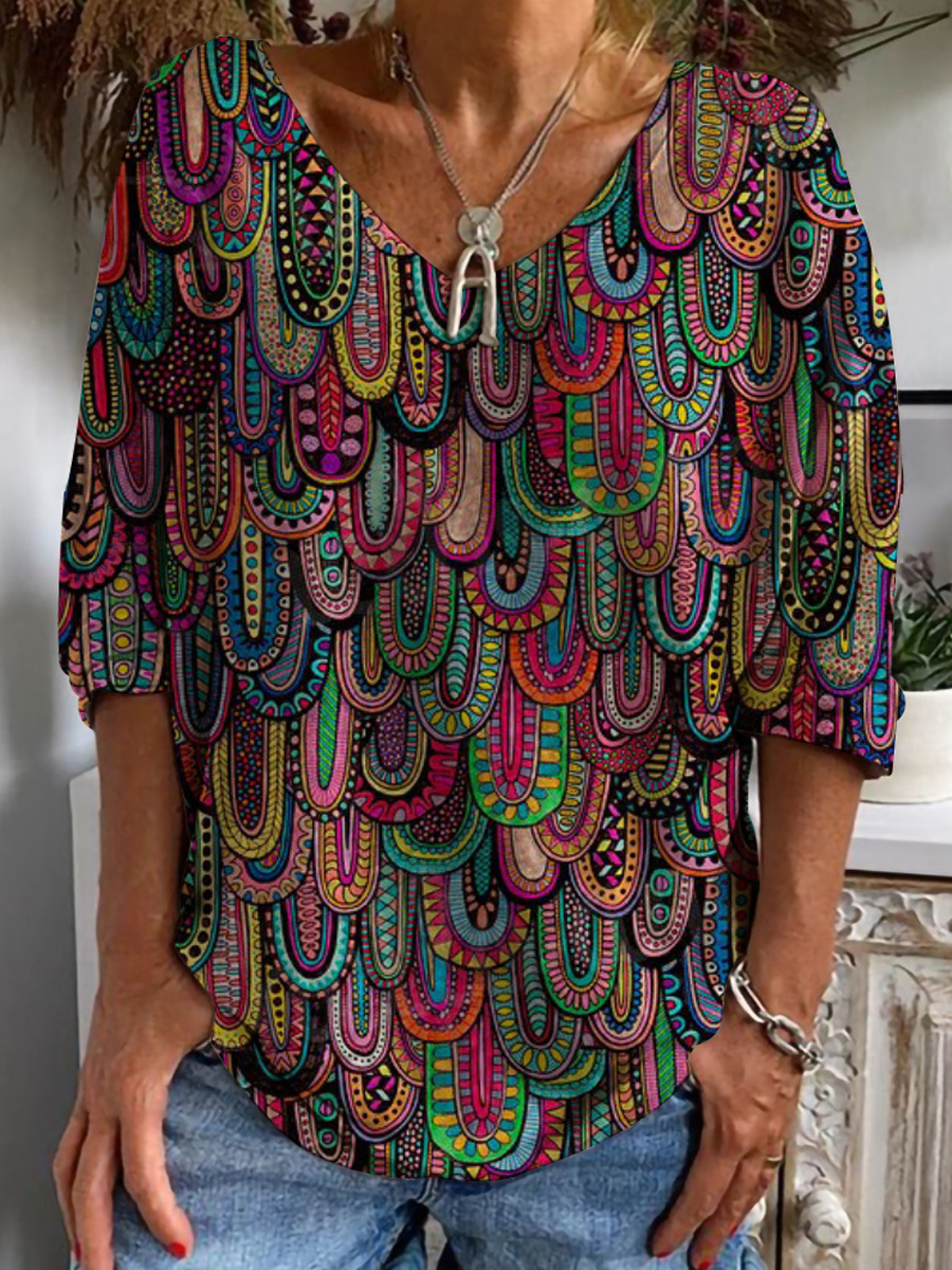 Casual V-Neck Long Sleeve Vintage Print T-Shirt