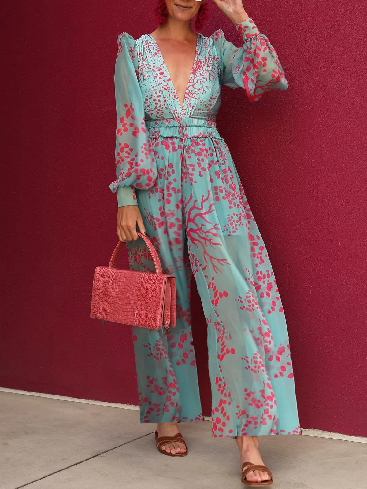 Floral Print V-neck Long Sleeve Jumpsuit