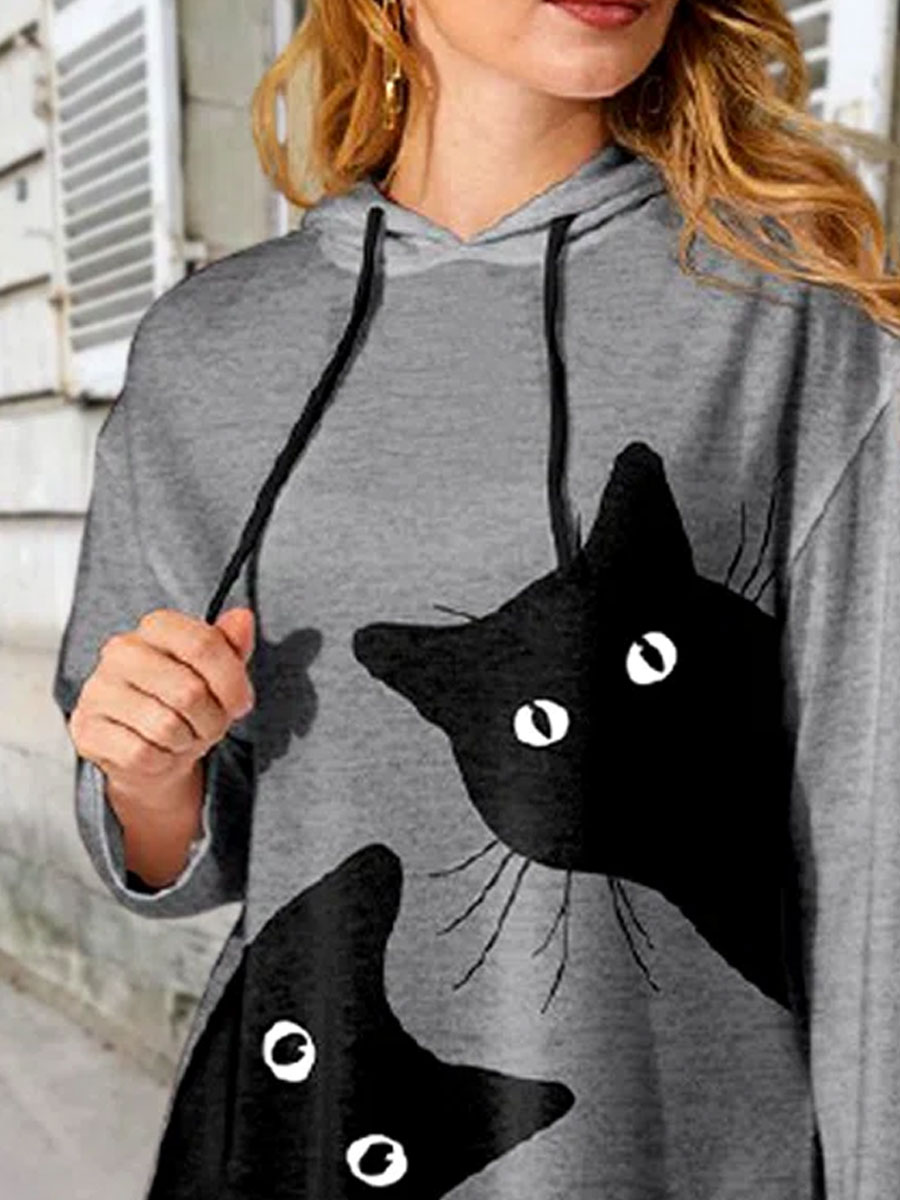 Cat Print Loose Long Sleeve Hooded T-shirt