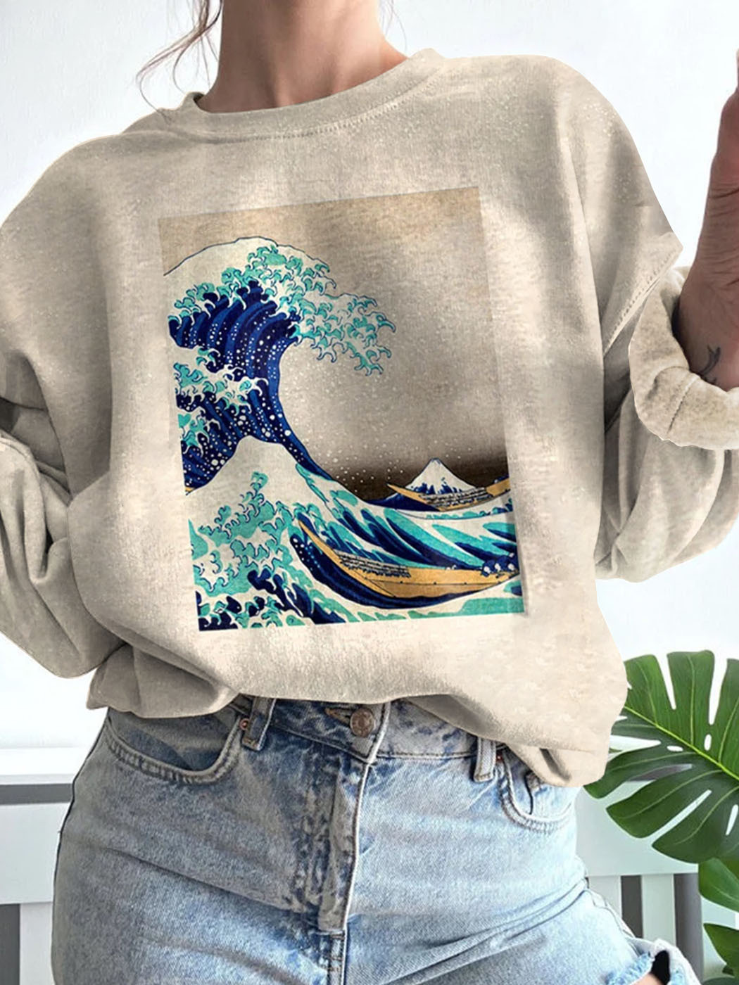 Japanese Art Wave Print Retro Sweater