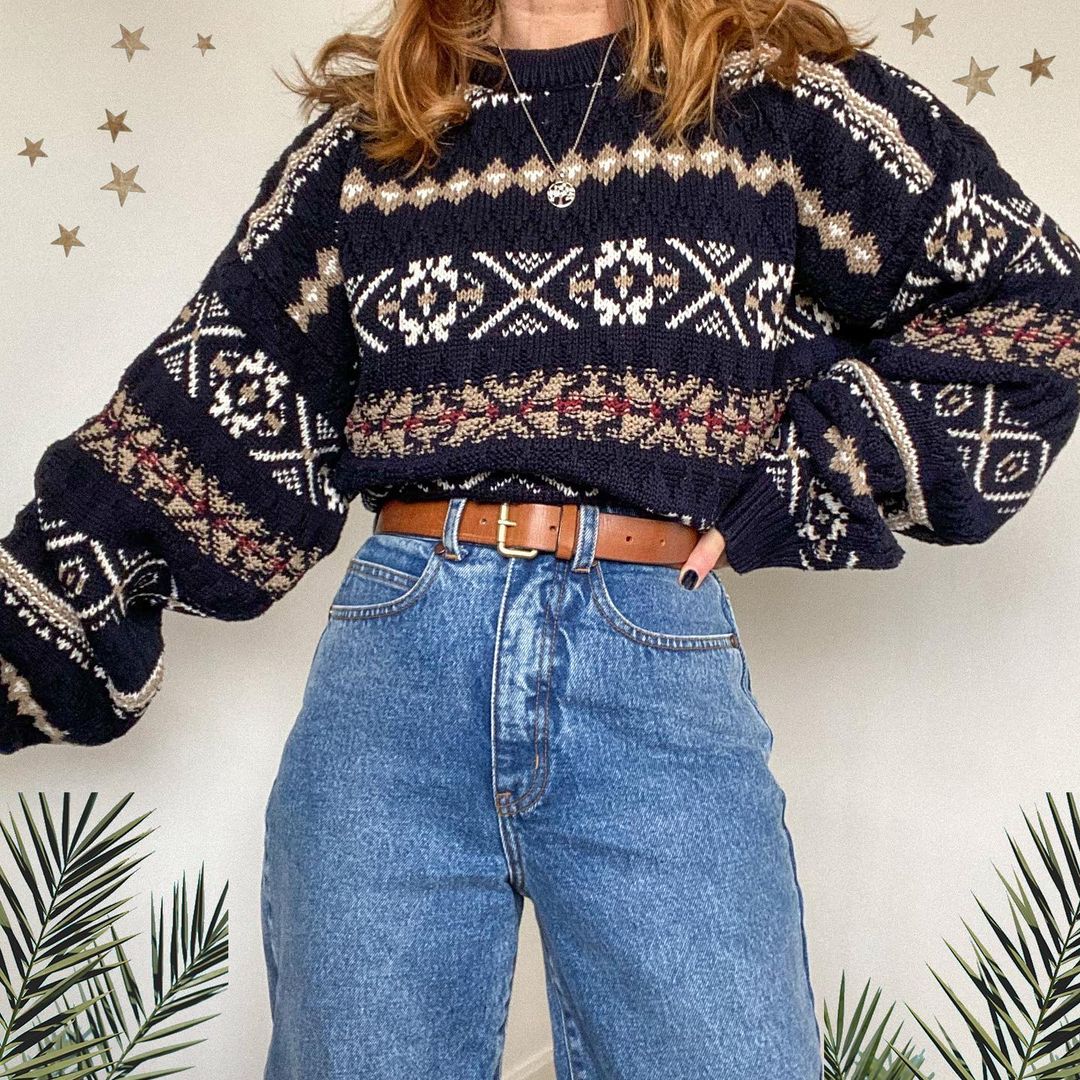 Geometric Ethnic Print Casual Loose Round Neck Sweater