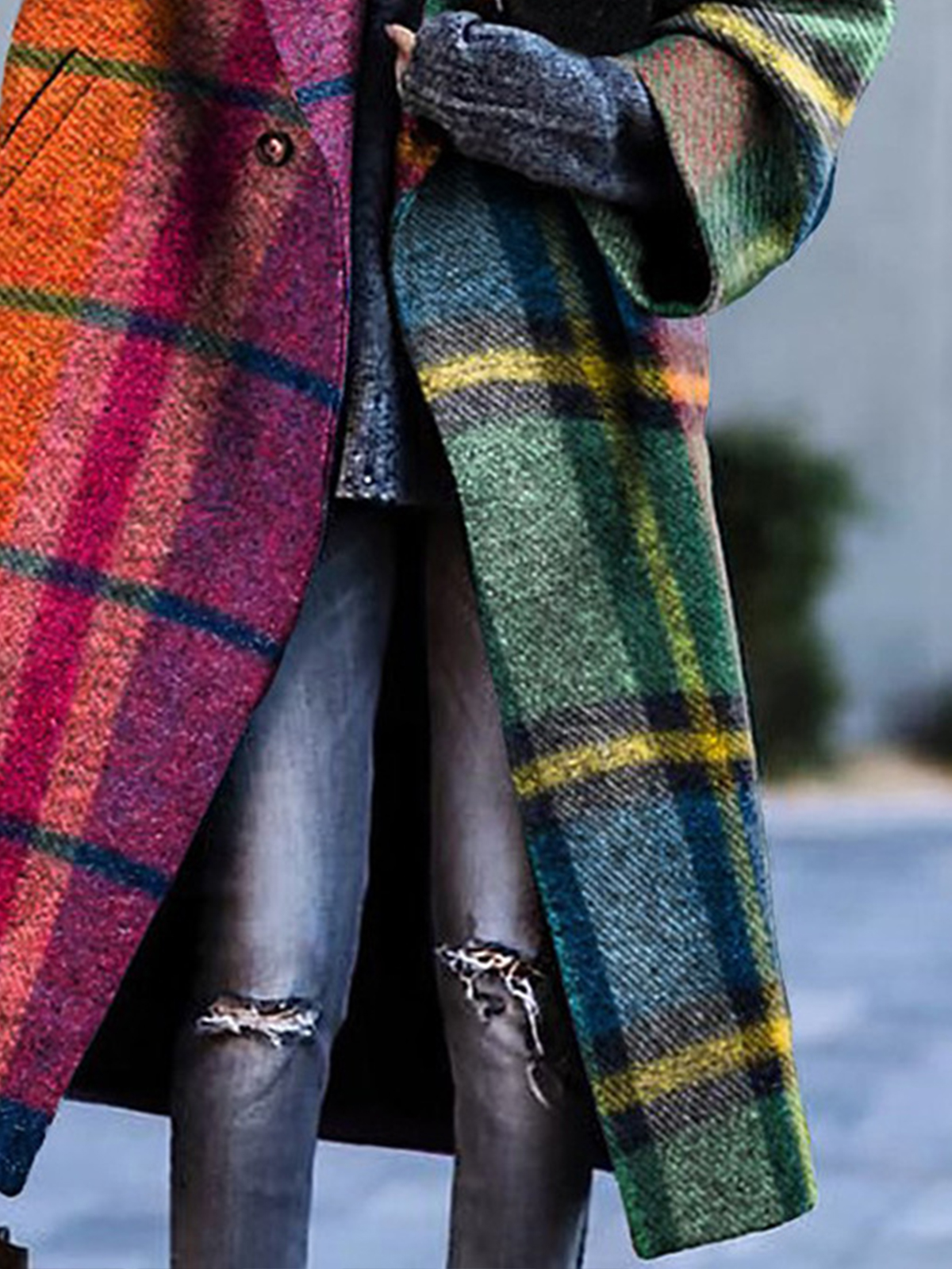 Women's Retro Colorful Plaid Print Thick Mid-Length Woolen Coat