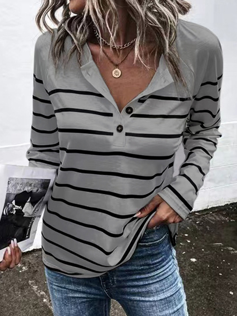 Casual Striped Crew Neck Button Long Sleeve T-Shirt